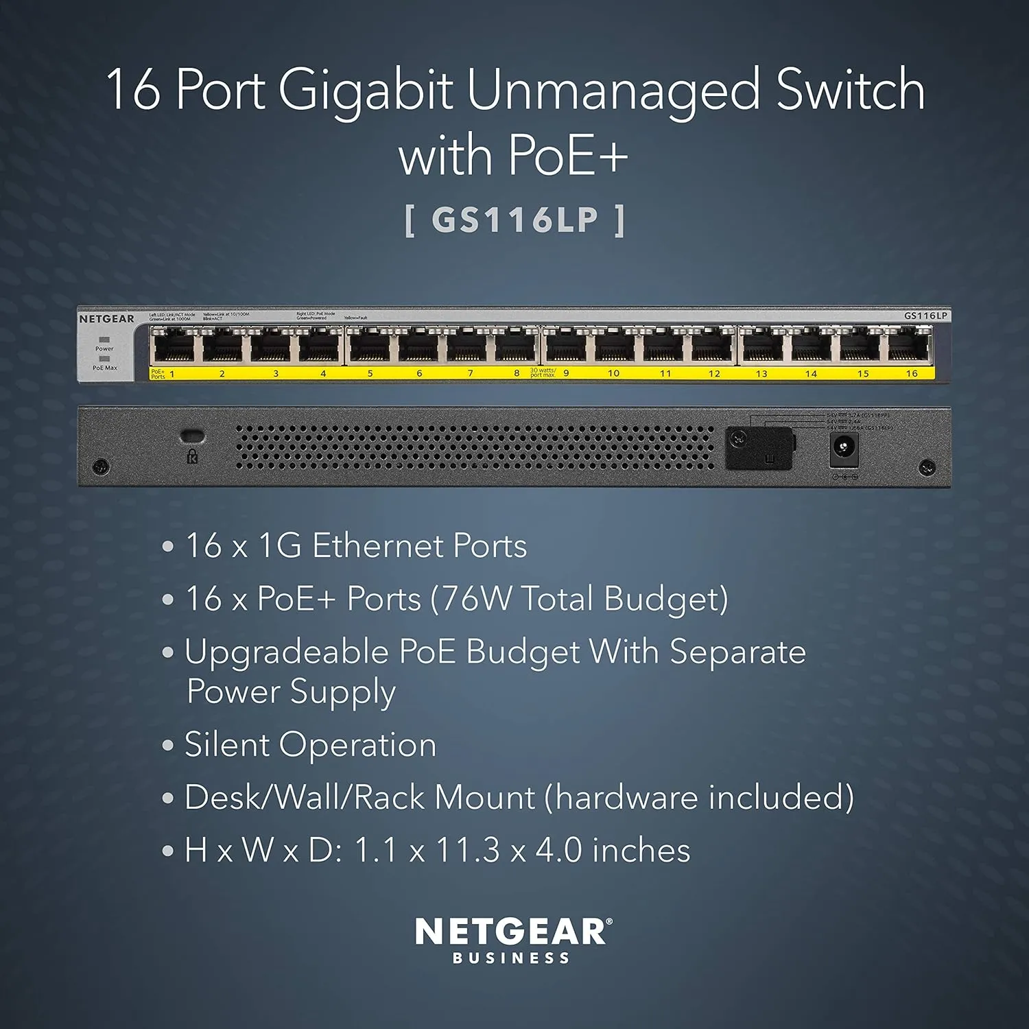 NETGEAR 16-Port Gigabit Ethernet Unmanaged PoE Switch (GS116LP) - with 16 x PoE  @ 76W Upgradeable, Desktop, Wall Mount or Rackmount, and Limited Lifetime Protection