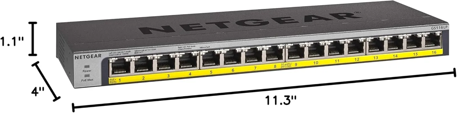 NETGEAR 16-Port Gigabit Ethernet Unmanaged PoE Switch (GS116LP) - with 16 x PoE  @ 76W Upgradeable, Desktop, Wall Mount or Rackmount, and Limited Lifetime Protection