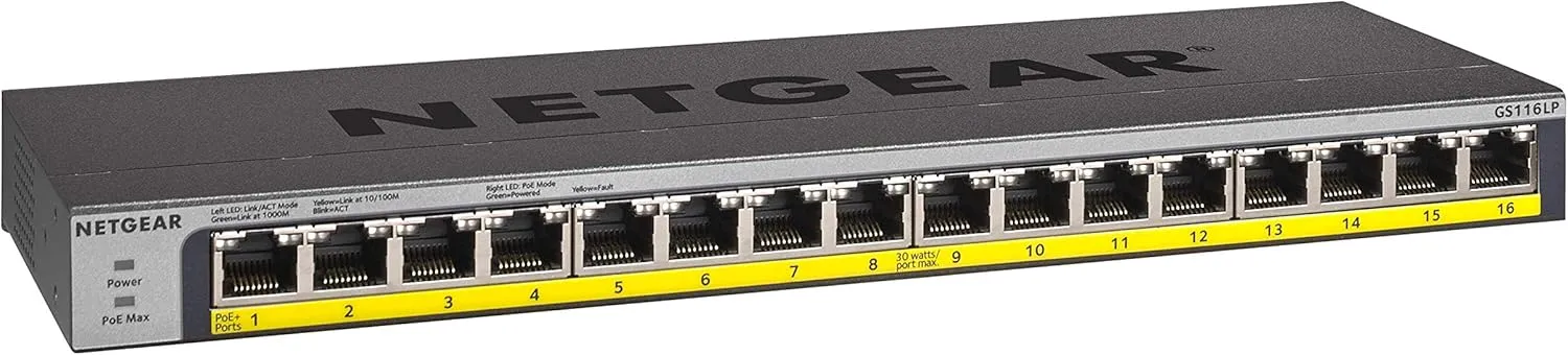 NETGEAR 16-Port Gigabit Ethernet Unmanaged PoE Switch (GS116LP) - with 16 x PoE  @ 76W Upgradeable, Desktop, Wall Mount or Rackmount, and Limited Lifetime Protection
