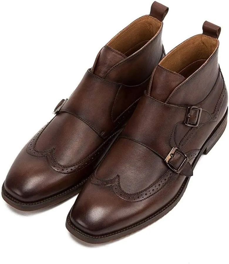 New Ankle Boots for Men Square Toe Monk Strap Ankle Boots for Men Business Holiday Party Show for Office The First Layer of Cowhide(Coffee,9)
