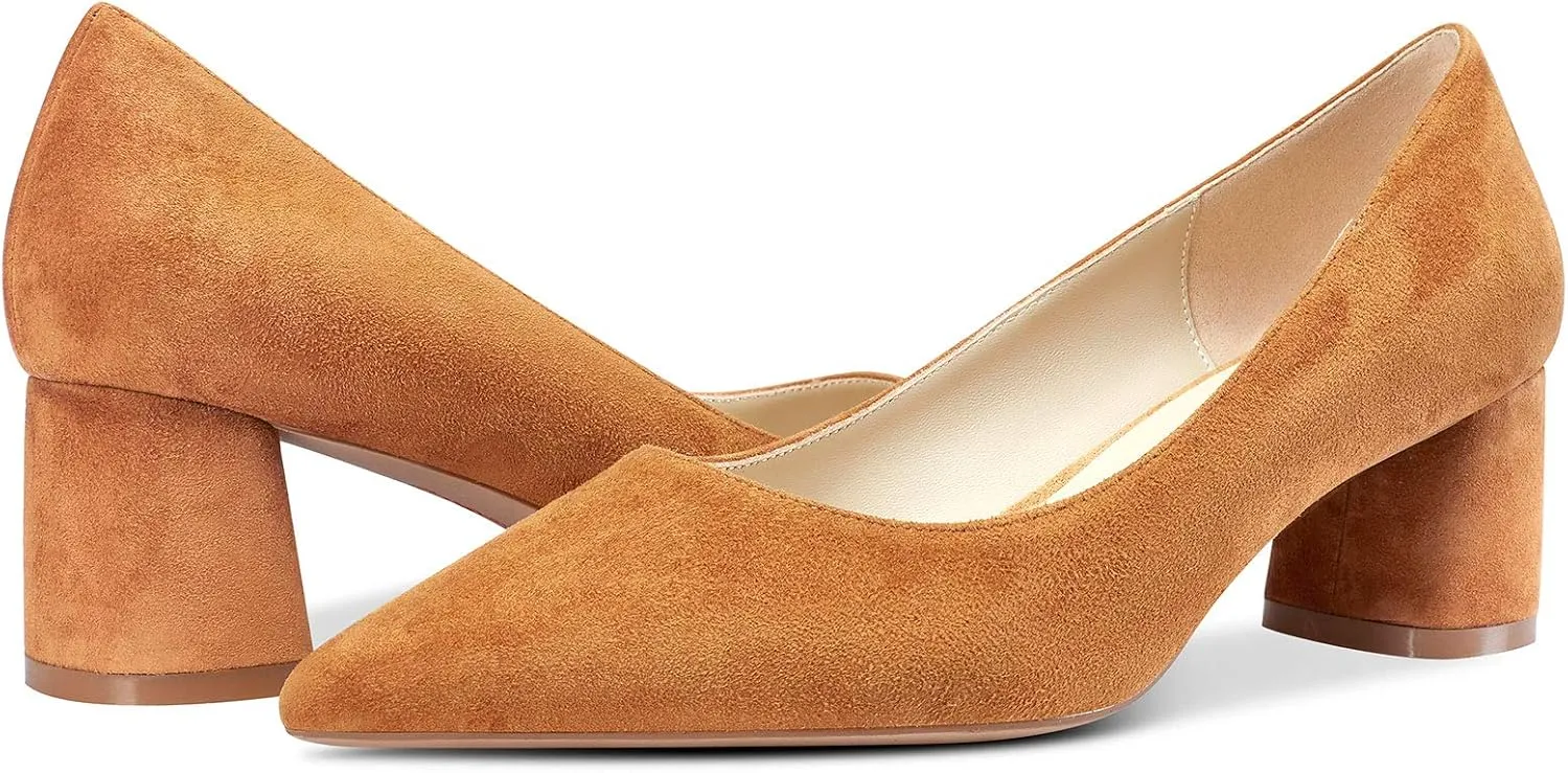 NobleOnly Womens Chunky Mid-Heels Pointed Toe Pumps Leather Lining Business Office Classic Shoes 5 CM Block Heels