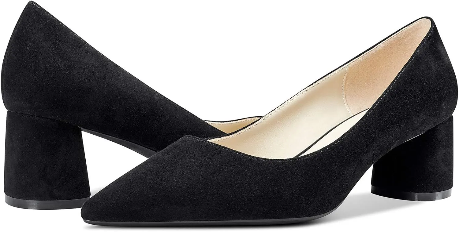 NobleOnly Womens Chunky Mid-Heels Pointed Toe Pumps Leather Lining Business Office Classic Shoes 5 CM Block Heels