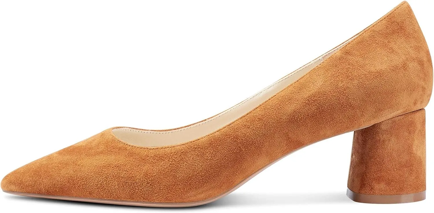 NobleOnly Womens Chunky Mid-Heels Pointed Toe Pumps Leather Lining Business Office Classic Shoes 5 CM Block Heels