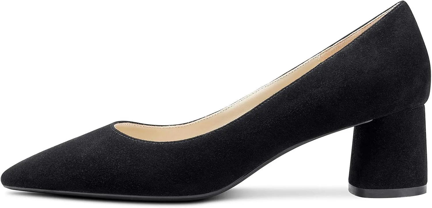 NobleOnly Womens Chunky Mid-Heels Pointed Toe Pumps Leather Lining Business Office Classic Shoes 5 CM Block Heels
