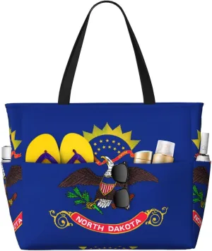 North Dakota State Flag Print 28L Beach Tote Bag, Water-resistant Travel Tote, Lightweight Gym & Camping Carryall