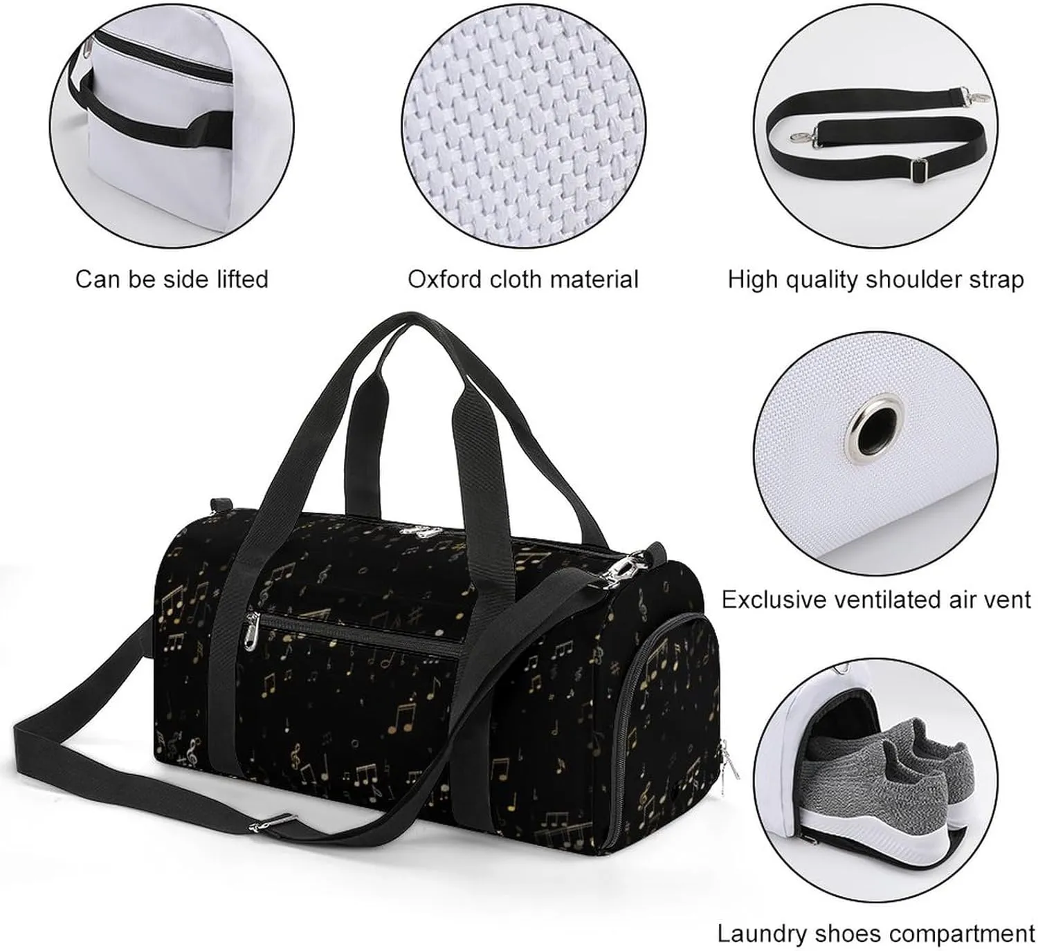 Note Black Sports Tote Gym Bag for Women Men, Overnight Bag with Shoe Compartment Water Resistant
