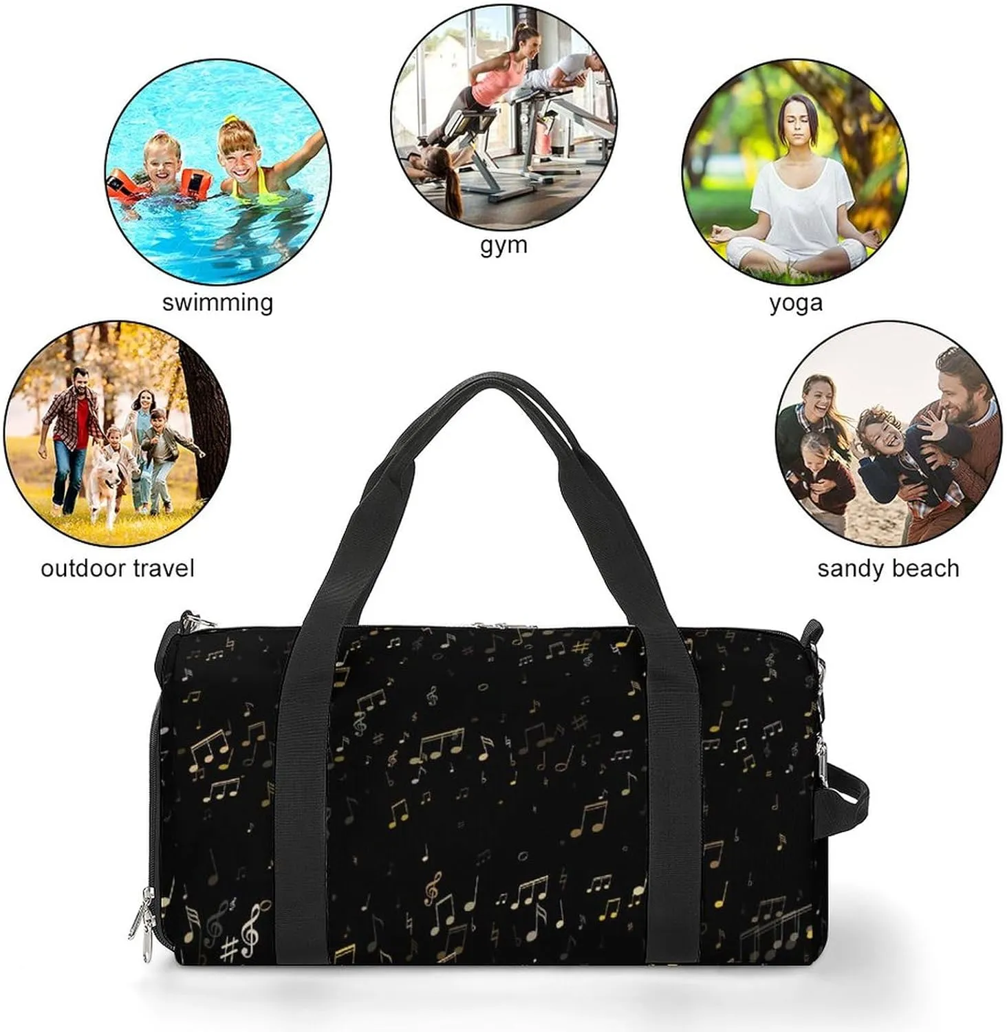 Note Black Sports Tote Gym Bag for Women Men, Overnight Bag with Shoe Compartment Water Resistant