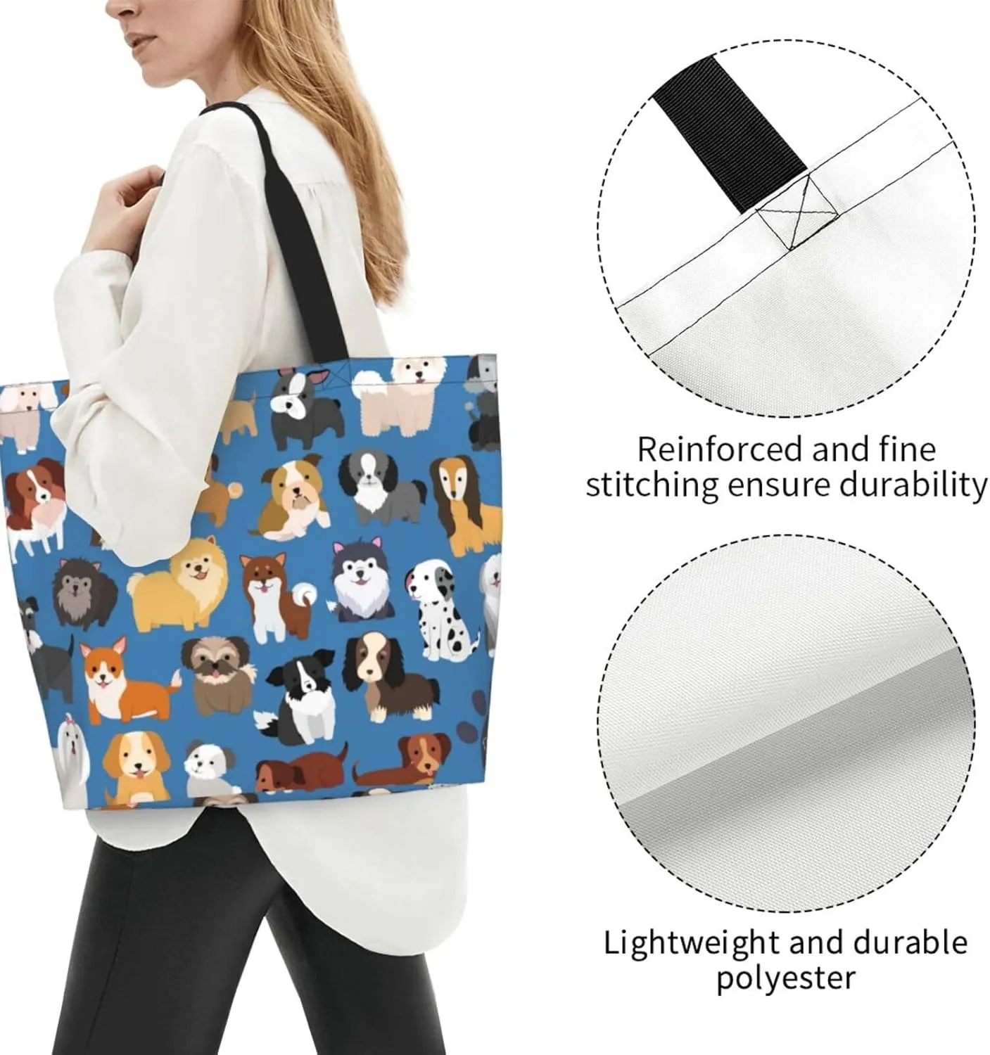 Novelty Dog Pug Large Tote Bag Casual Shoulder Bags Reusable Grocery Handbag For Women Travel Shopping