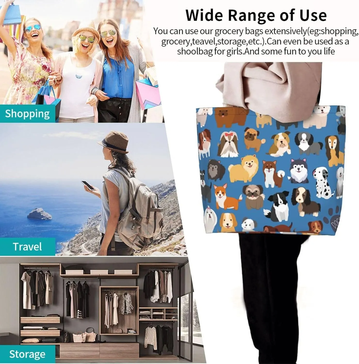 Novelty Dog Pug Large Tote Bag Casual Shoulder Bags Reusable Grocery Handbag For Women Travel Shopping