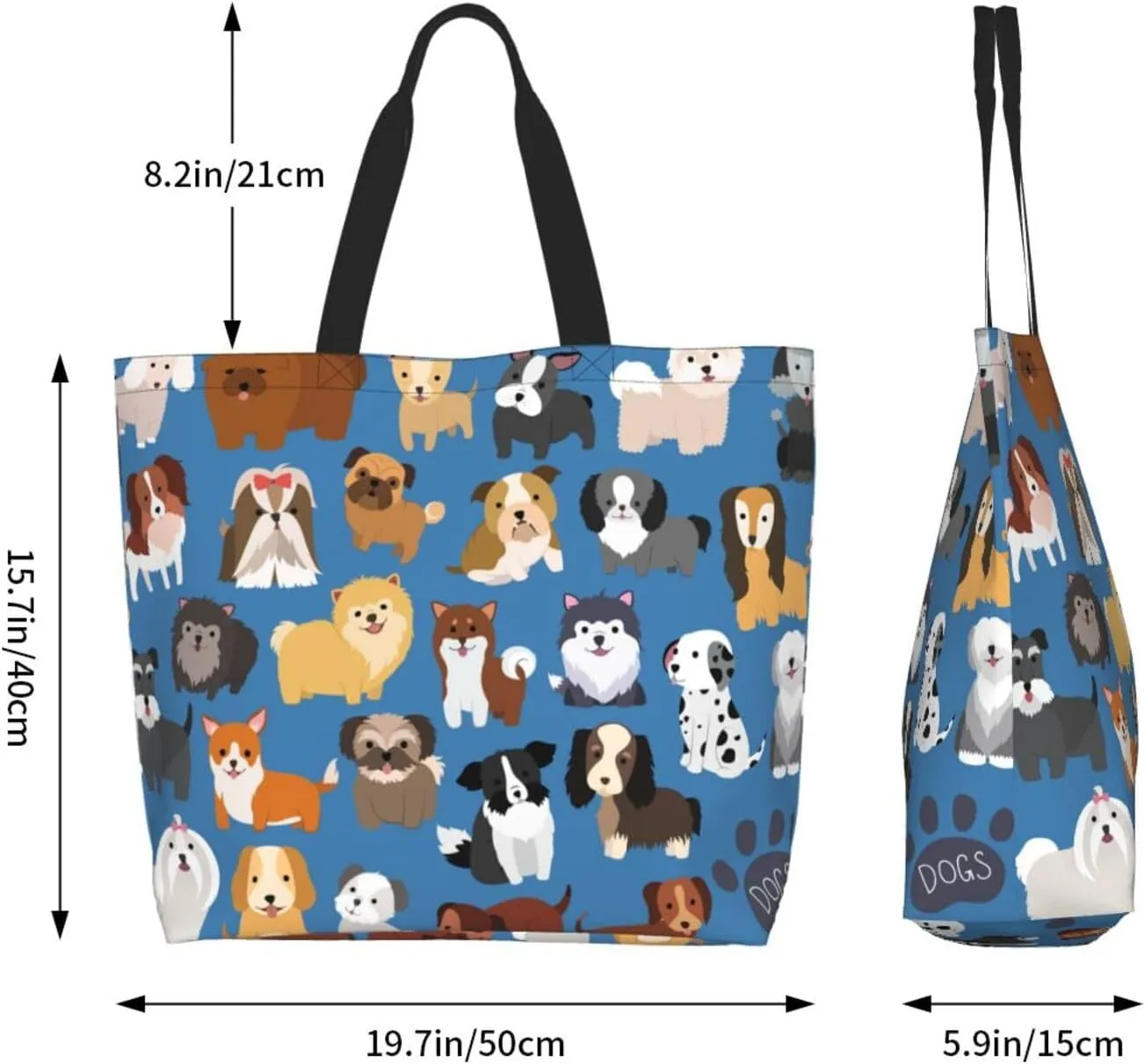 Novelty Dog Pug Large Tote Bag Casual Shoulder Bags Reusable Grocery Handbag For Women Travel Shopping