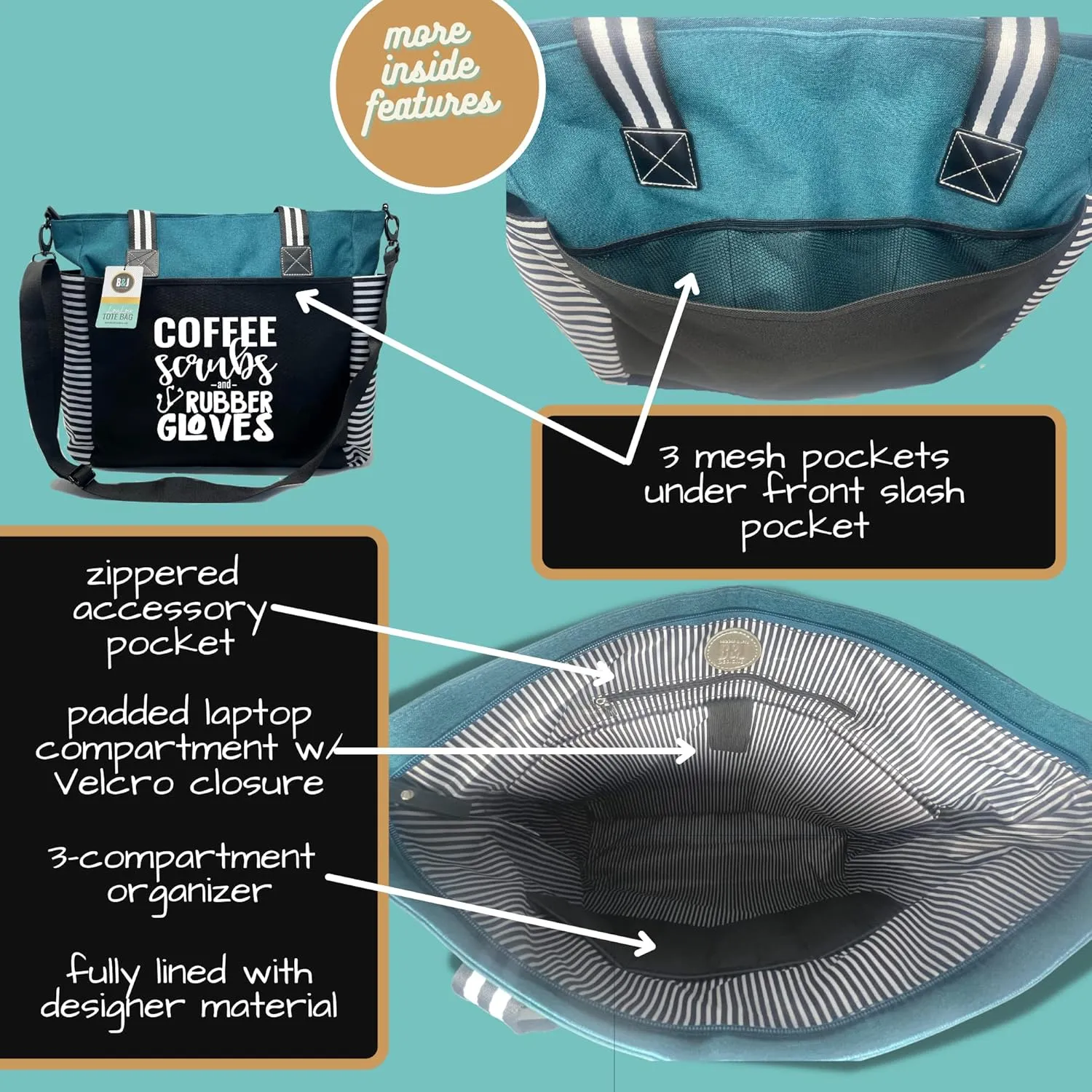 Nurse Tote Bag for Work - Christmas Gifts for Women Large Nursing Bag with Zipper, Pockets & Reliable Straps - Spacious Bag