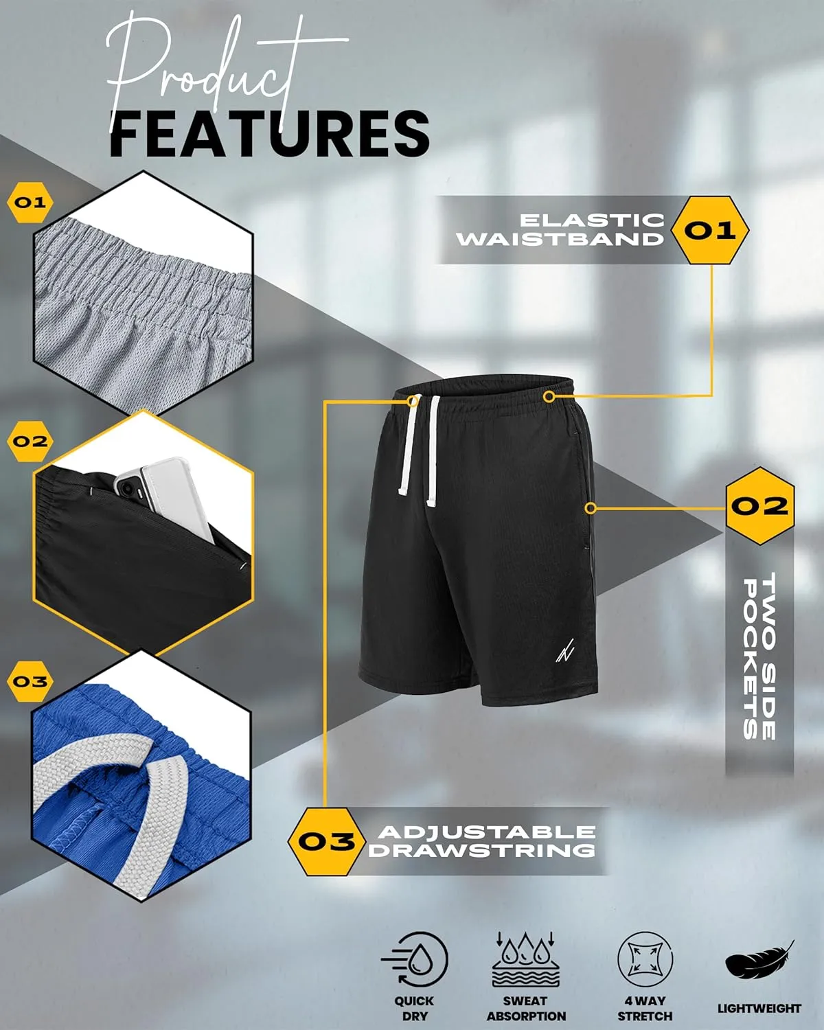 NY Threads 3 Pack Men's Athletic Shorts Quick Dry Lightweight Workout Running Gym Shorts with Pockets