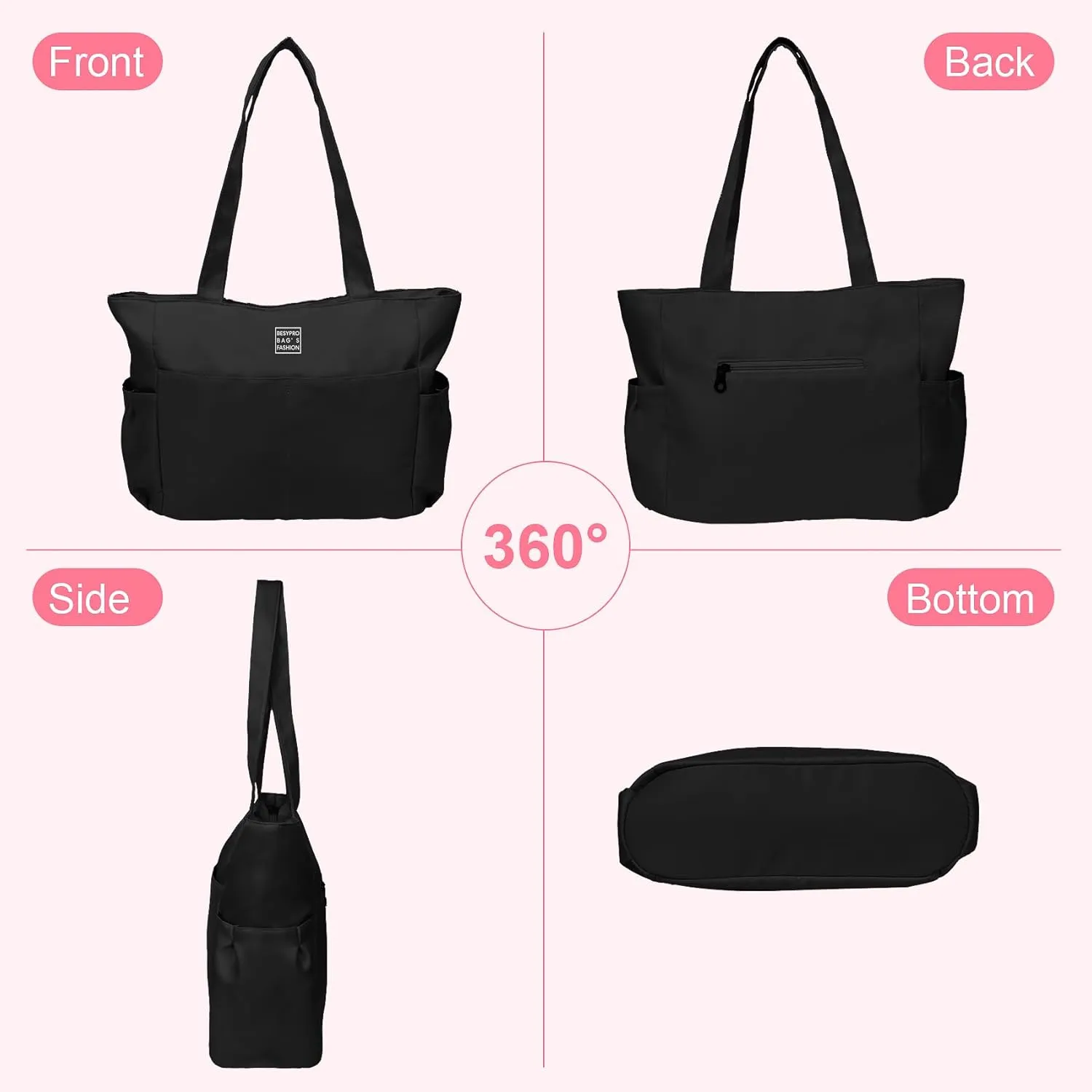 Nylon Tote Bag for Women Multi-pocket Large Shoulder Bag Casual Handbag with Zipper for Wrok Travel College