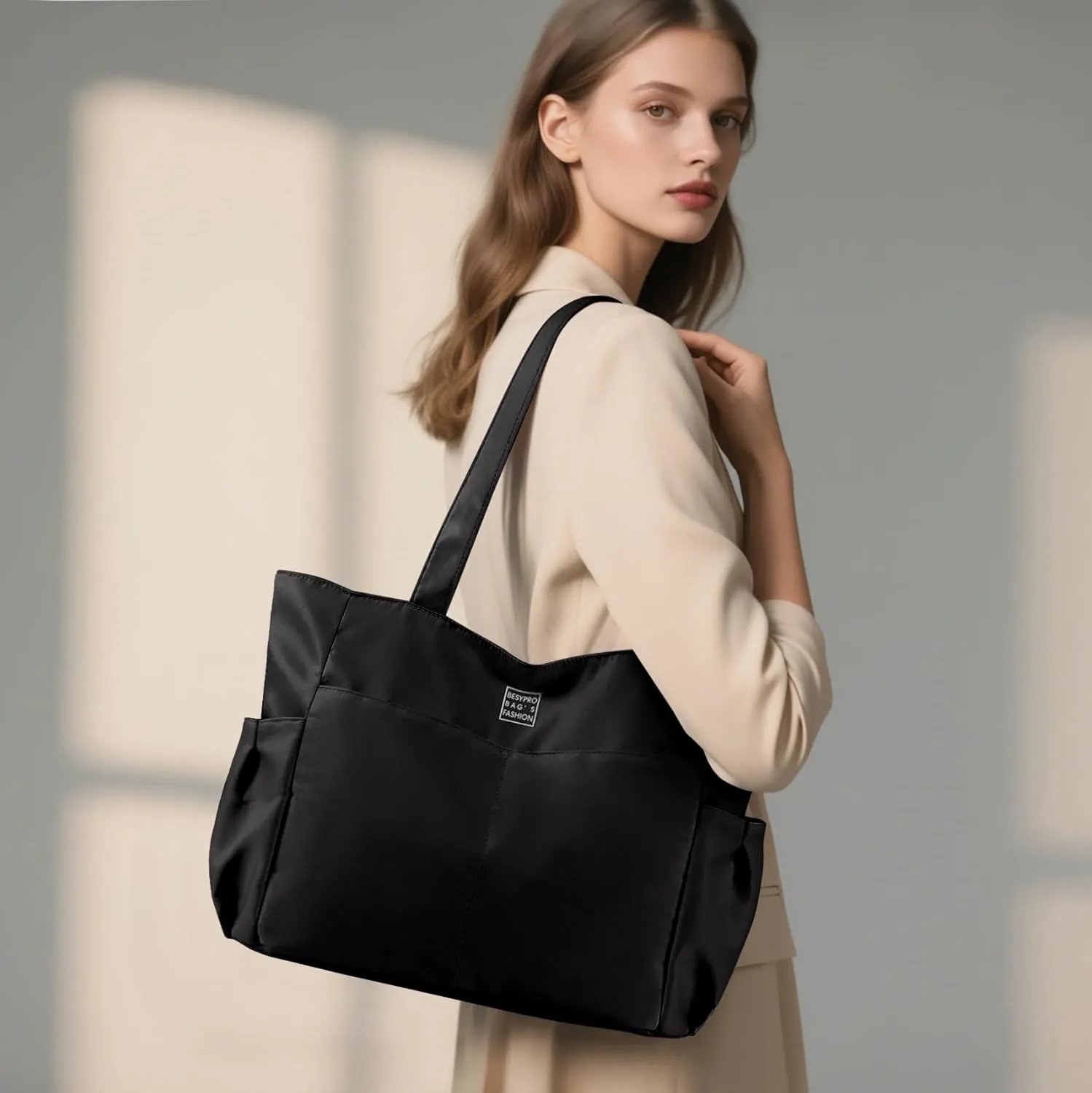 Nylon Tote Bag for Women Multi-pocket Large Shoulder Bag Casual Handbag with Zipper for Wrok Travel College