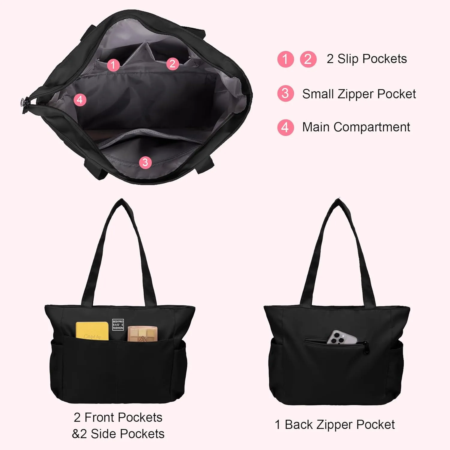 Nylon Tote Bag for Women Multi-pocket Large Shoulder Bag Casual Handbag with Zipper for Wrok Travel College