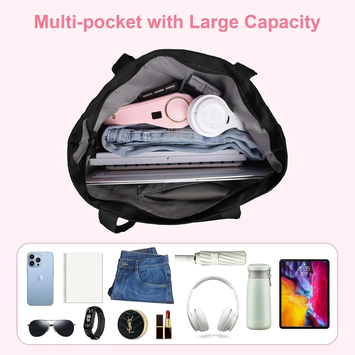 Nylon Tote Bag for Women Multi-pocket Large Shoulder Bag Casual Handbag with Zipper for Wrok Travel College