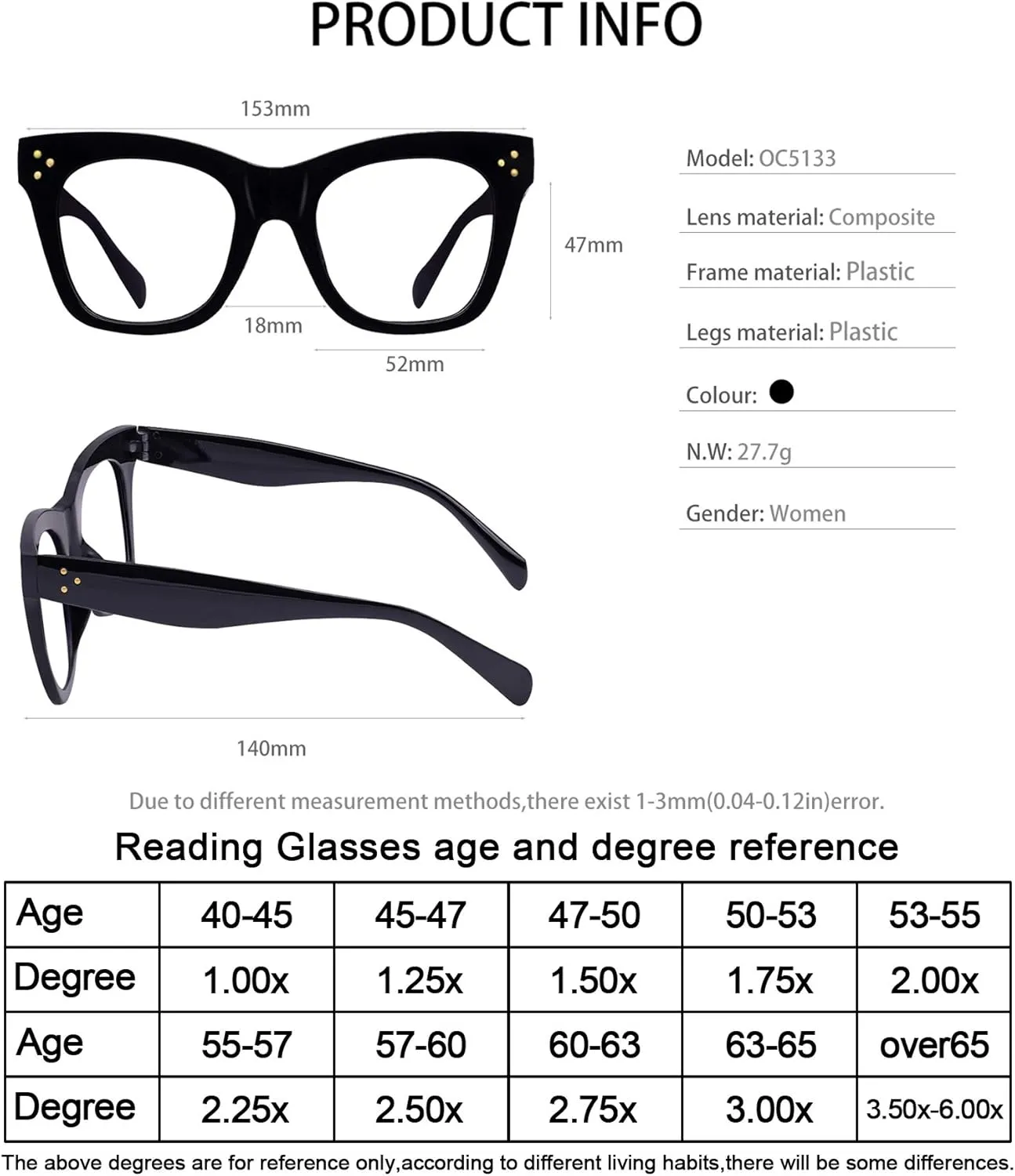 OCCI CHIARI Oversized Black Thick Reading Glasses for Women 1.0 Fashion Readers 1.0 1.25 1.50 1.75 2.0 2.25 2.50 2.75 3.0 3.5 4.0(Black, 1.0)