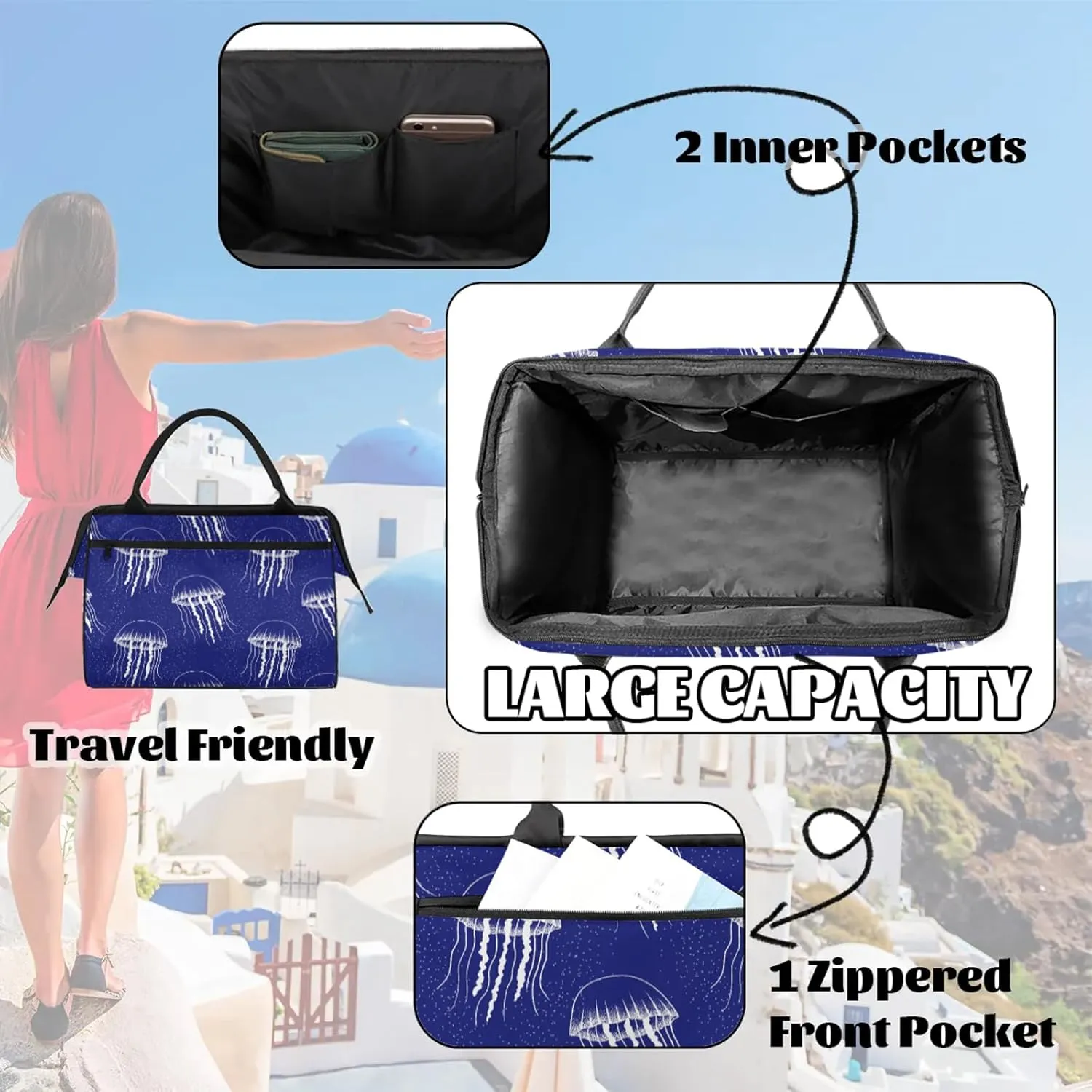 Ocean Abstract Jellyfish Travel Duffel Bag Gym Tote Bag for Women Men Waterproof Weekend Overnight Bag Carry On Tote Luggage with Pocket Personal Item Bags Sports Bag fit Travel Sports Gym Yoga
