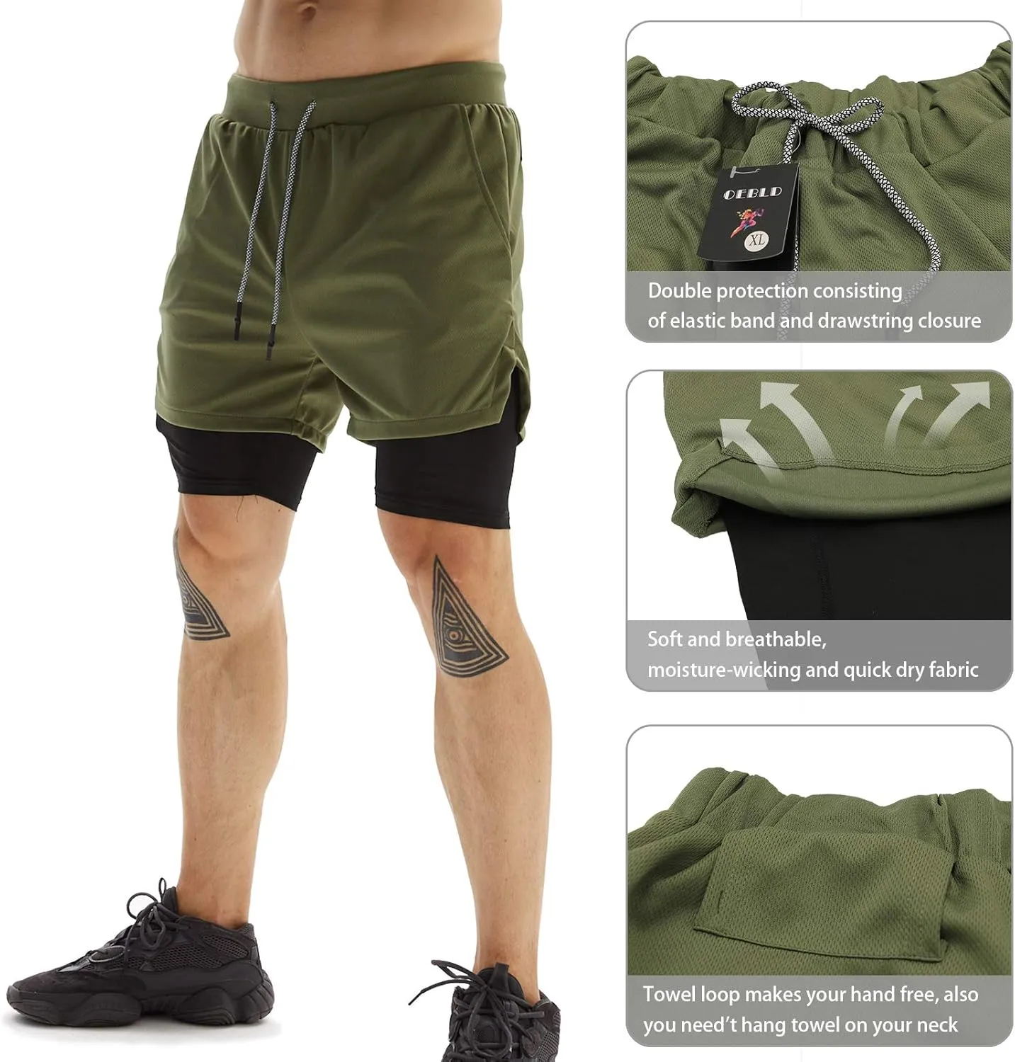 OEBLD Mens Athletic Shorts 2-in-1 Gym Workout Running 7'' Shorts with Towel Loop