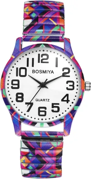 OIDEA Women's Easy Reader Watch: Retractable Stretch Band Wrist Watch Large Numbers Dial Watches Colorful Print Analog Quartz for Casual Business