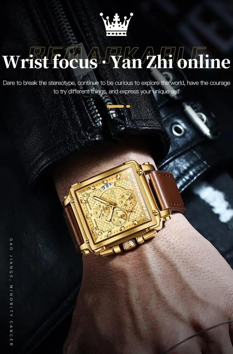 OLEVS Square Watches for Men Brown Leather Chronograph Fashion Business Watch Luminous Waterproof Casual Wrist Watches