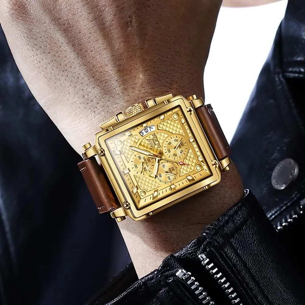 OLEVS Square Watches for Men Brown Leather Chronograph Fashion Business Watch Luminous Waterproof Casual Wrist Watches