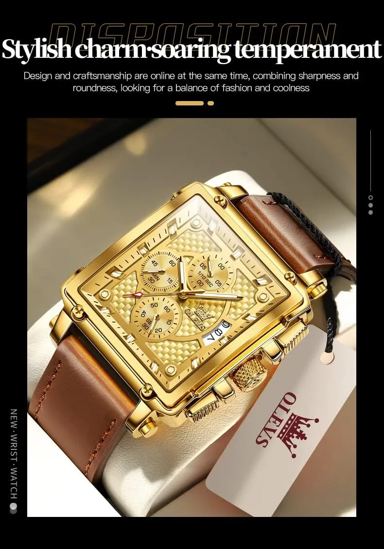 OLEVS Square Watches for Men Brown Leather Chronograph Fashion Business Watch Luminous Waterproof Casual Wrist Watches