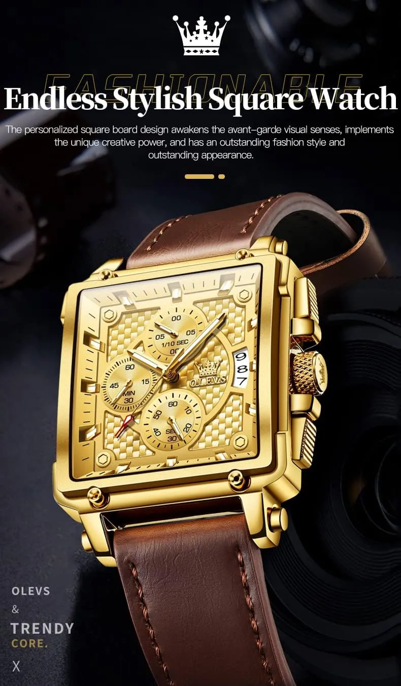 OLEVS Square Watches for Men Brown Leather Chronograph Fashion Business Watch Luminous Waterproof Casual Wrist Watches