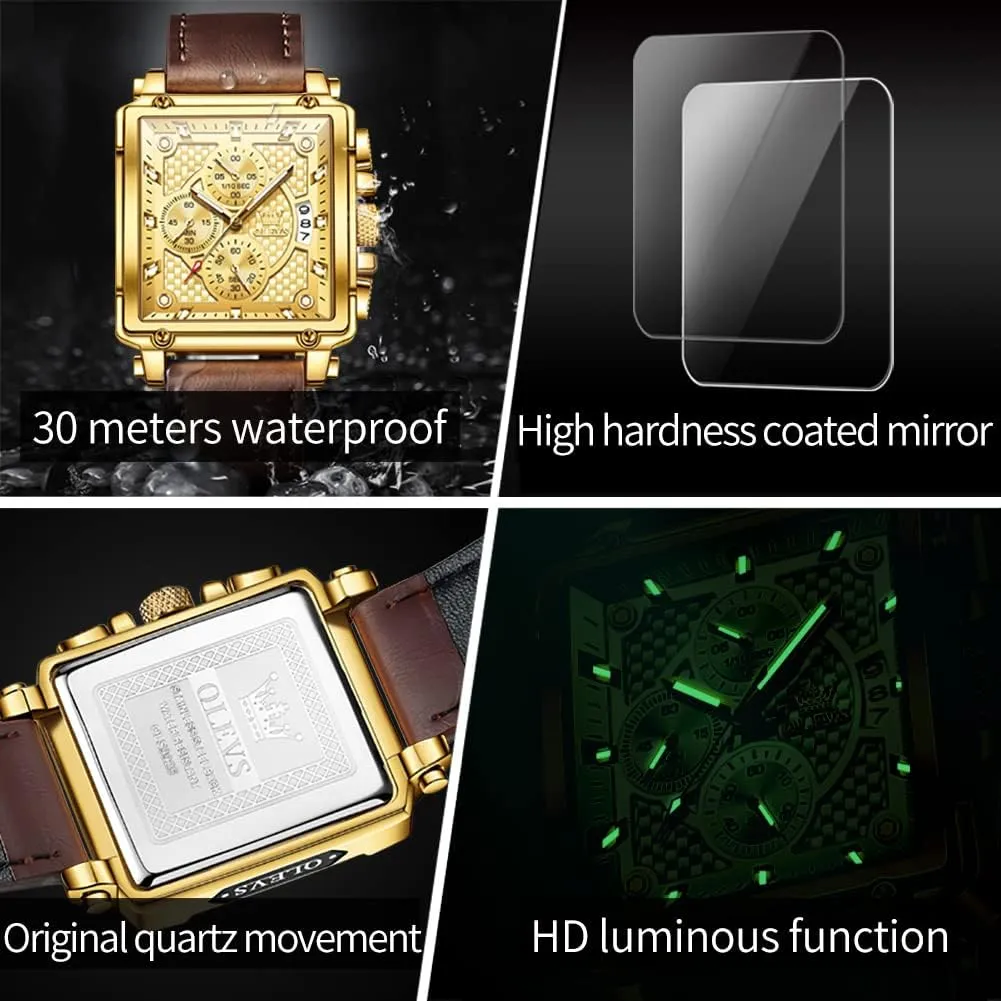 OLEVS Square Watches for Men Brown Leather Chronograph Fashion Business Watch Luminous Waterproof Casual Wrist Watches