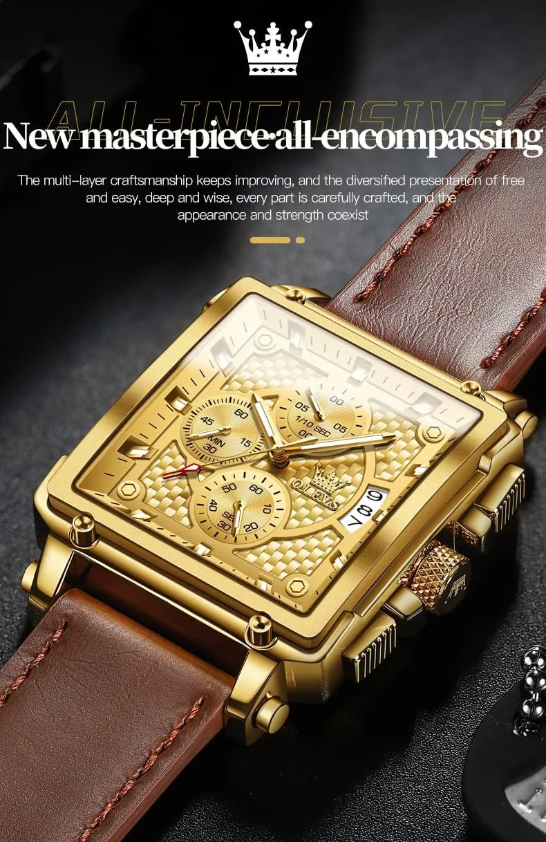 OLEVS Square Watches for Men Brown Leather Chronograph Fashion Business Watch Luminous Waterproof Casual Wrist Watches