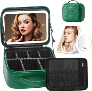Omobolanle Makeup Bag with Mirror Led Light Detachable Portable Make up Travel Train Case with Adjustable Dividers and 10x Magnifying Mirror Green