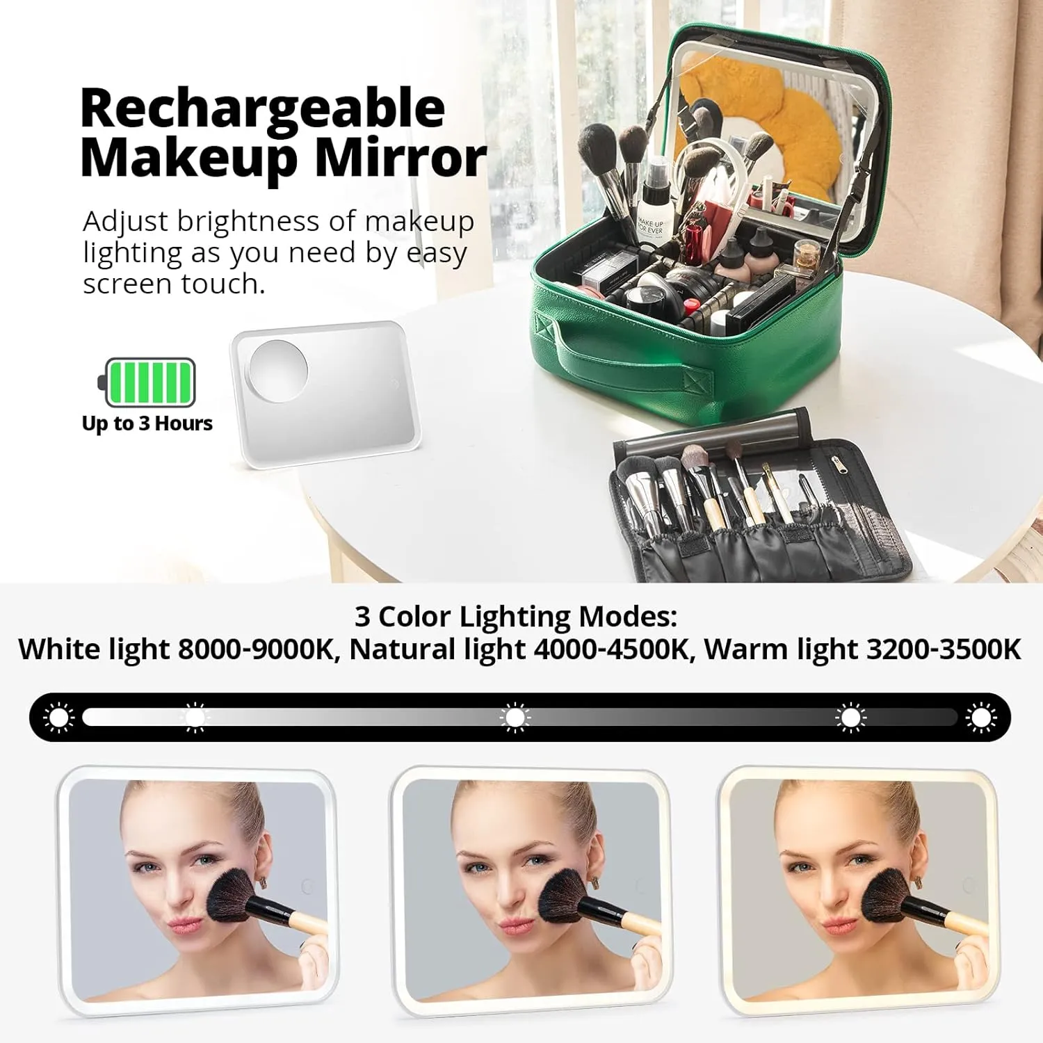 Omobolanle Makeup Bag with Mirror Led Light Detachable Portable Make up Travel Train Case with Adjustable Dividers and 10x Magnifying Mirror Green