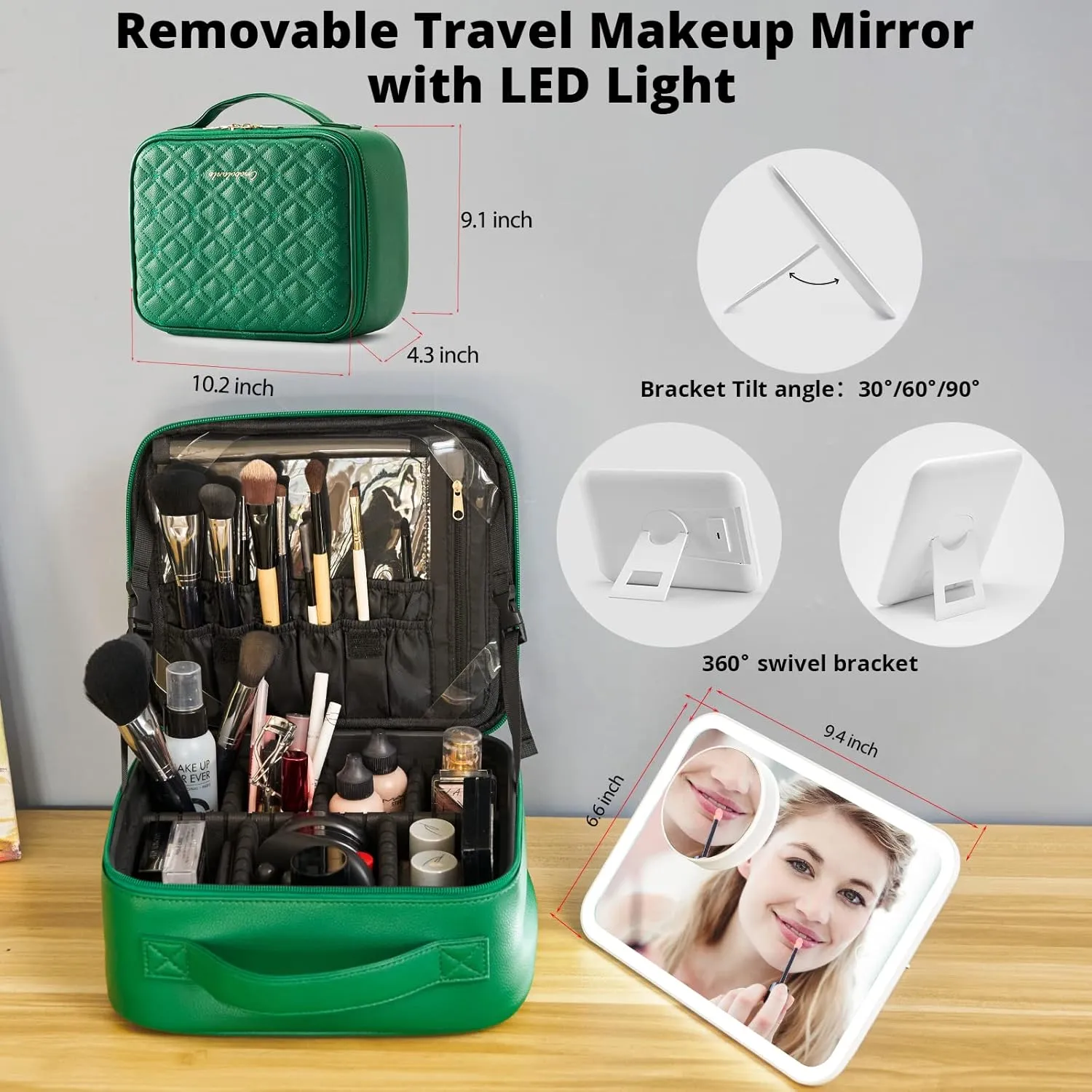 Omobolanle Makeup Bag with Mirror Led Light Detachable Portable Make up Travel Train Case with Adjustable Dividers and 10x Magnifying Mirror Green