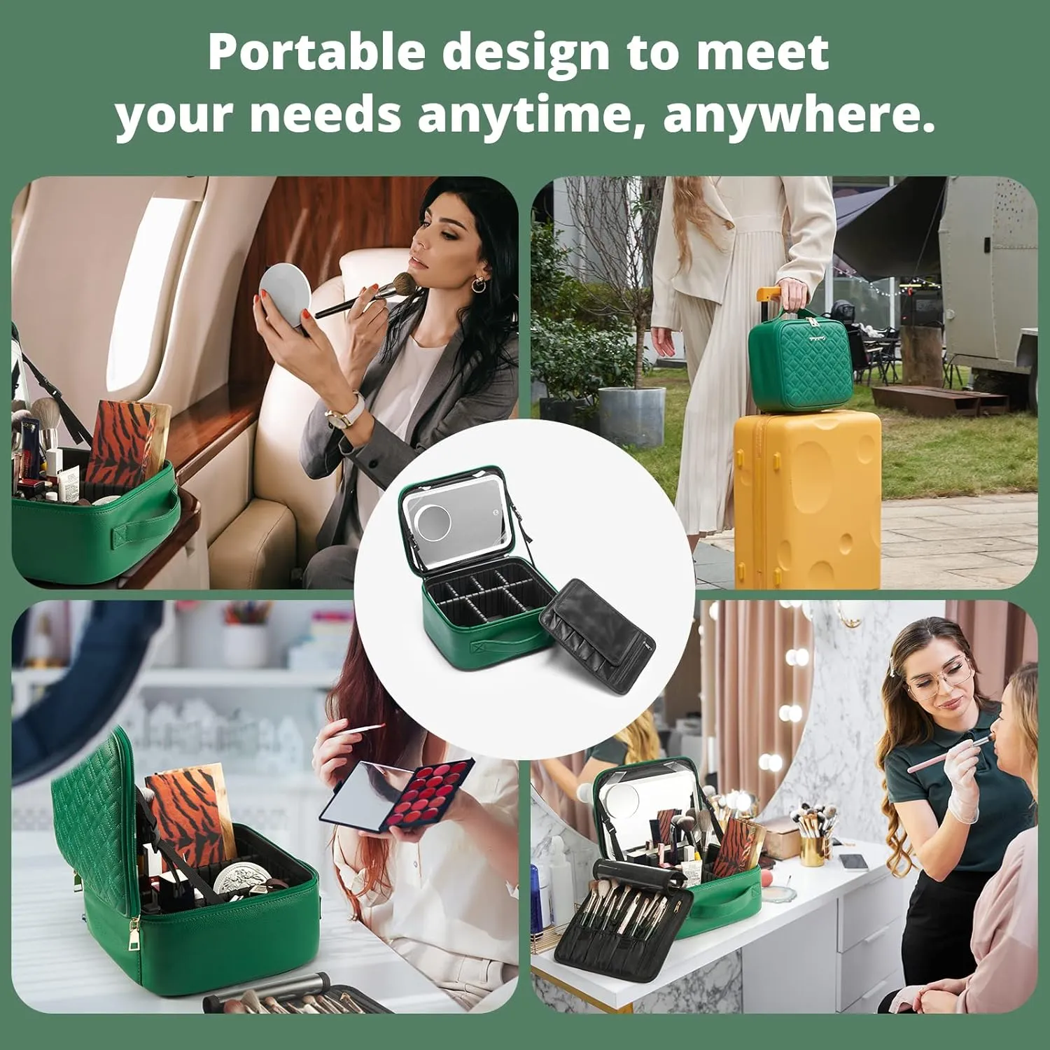 Omobolanle Makeup Bag with Mirror Led Light Detachable Portable Make up Travel Train Case with Adjustable Dividers and 10x Magnifying Mirror Green
