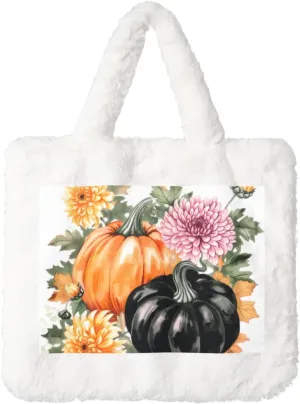 OSAM SPACE Thanksgiving Pumpkins Women Tote Bag, Fall Flower Cute Fuzzy Plush Shoulder Bag, Purse Coin Pouch Accessories Tote Handbag for Winter Daily Work Dating