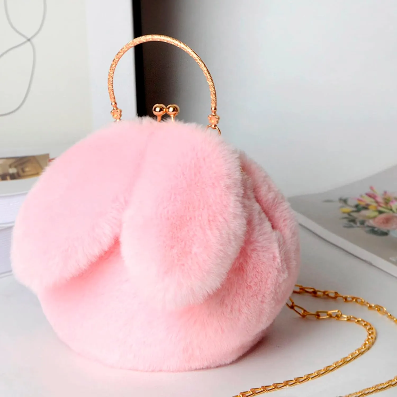Outdoor Cute Ladies Shoulder Bag Casual Shopping Messenger Bag Round Cat Ear Plush Handbag Womens Small (One Size)