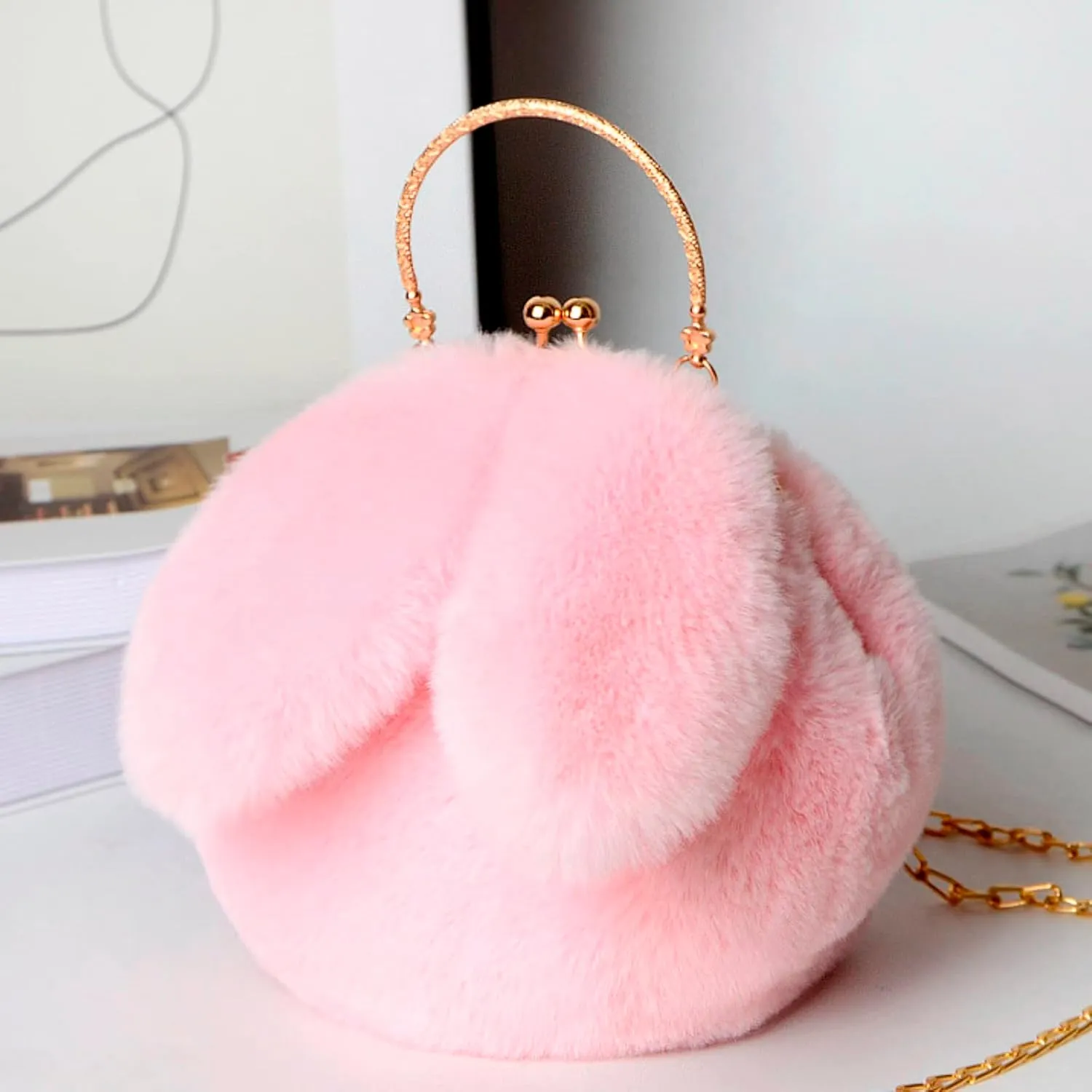 Outdoor Cute Ladies Shoulder Bag Casual Shopping Messenger Bag Round Cat Ear Plush Handbag Womens Small (One Size)