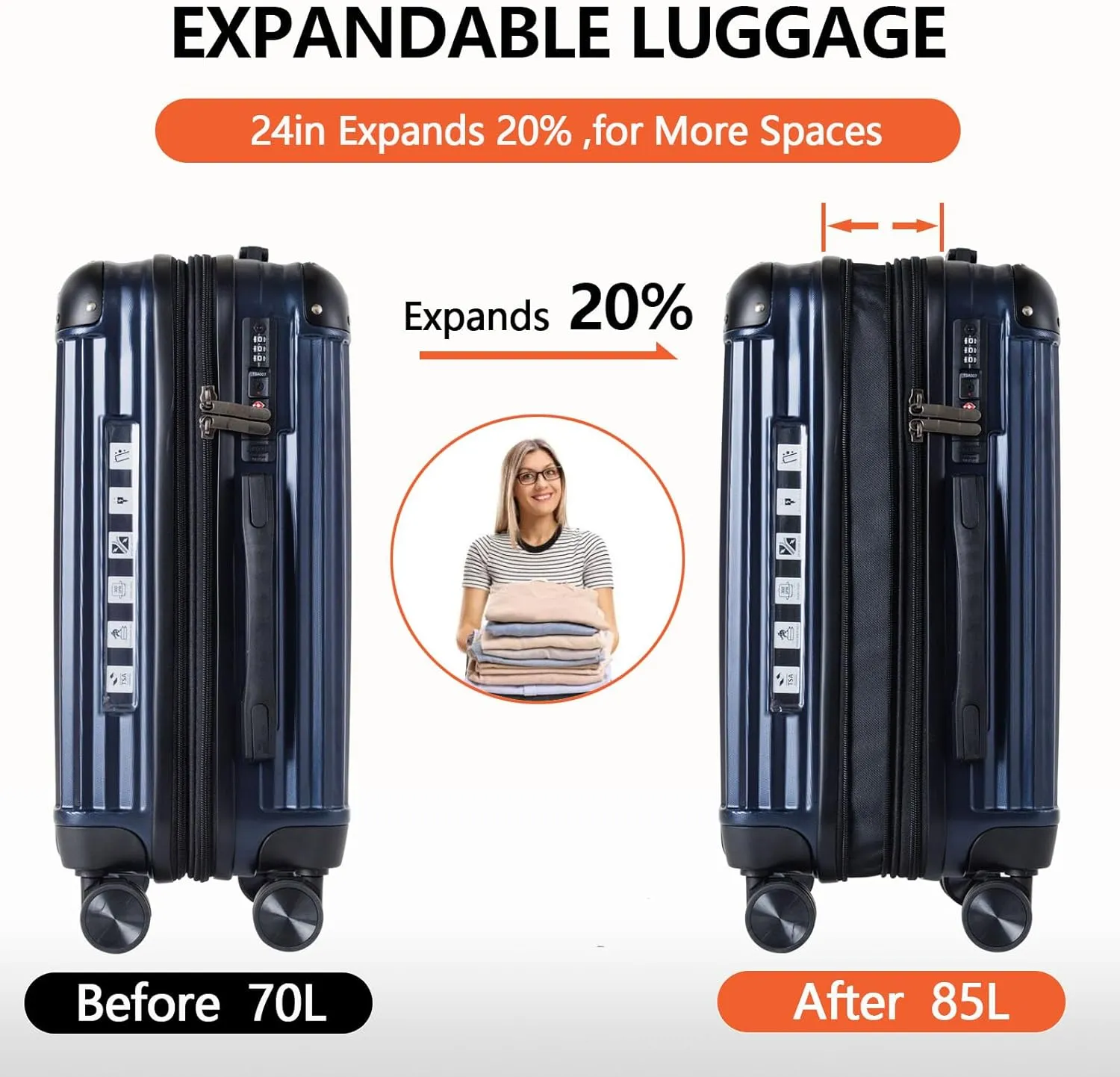 OUZZO Luggage,Carry-on Luggage With Wheels and Corner Protectors,Hardshell Suitcase,Expandable Medium Luggae,Luggage Locks TSA Approved,24-inch Suitcase With USB Port, Blue