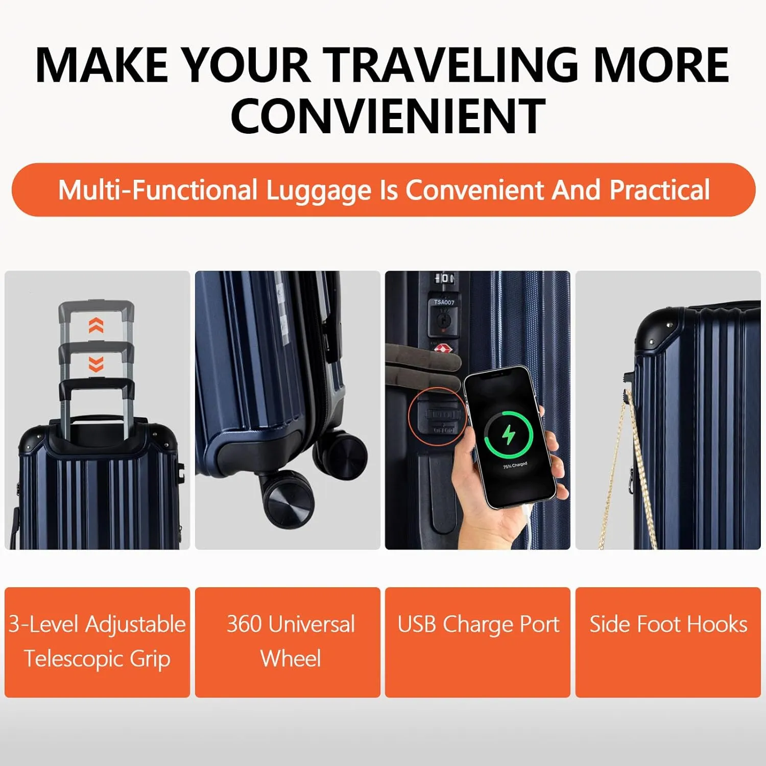 OUZZO Luggage,Carry-on Luggage With Wheels and Corner Protectors,Hardshell Suitcase,Expandable Medium Luggae,Luggage Locks TSA Approved,24-inch Suitcase With USB Port, Blue