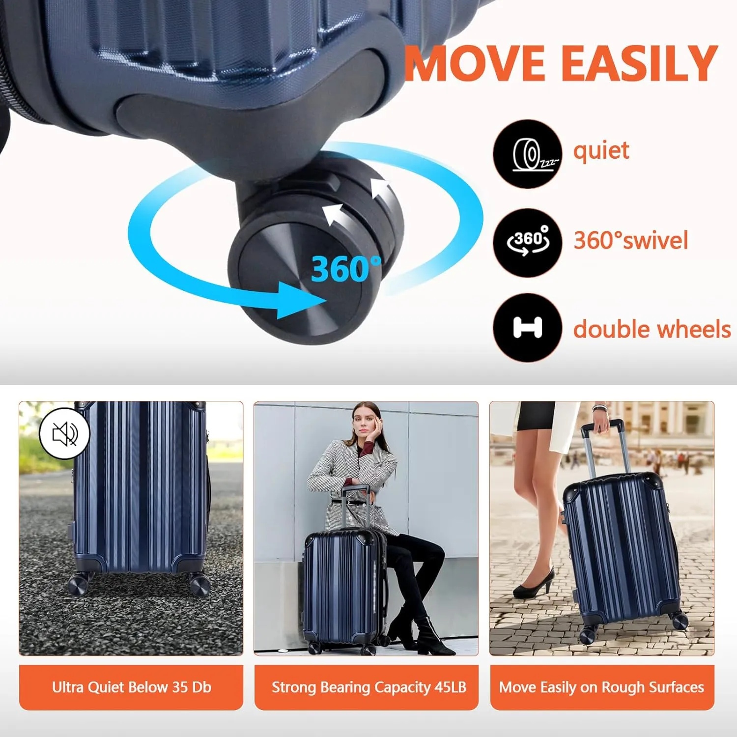 OUZZO Luggage,Carry-on Luggage With Wheels and Corner Protectors,Hardshell Suitcase,Expandable Medium Luggae,Luggage Locks TSA Approved,24-inch Suitcase With USB Port, Blue