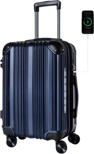 OUZZO Luggage,Carry-on Luggage With Wheels and Corner Protectors,Hardshell Suitcase,Expandable Medium Luggae,Luggage Locks TSA Approved,24-inch Suitcase With USB Port, Blue