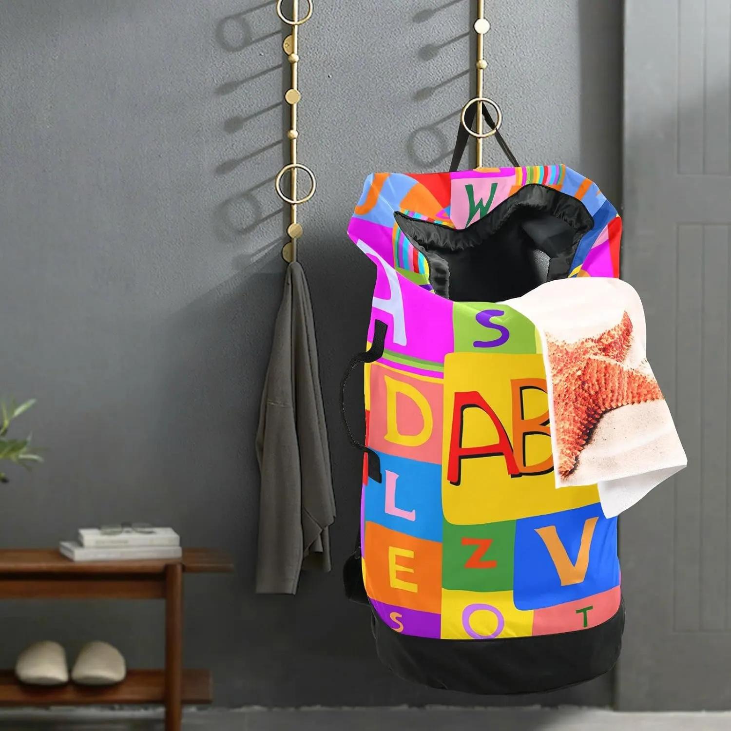 Oyihfvs Colorful Rainbow Letters Backpack Laundry Bag, Laundry Backpack with Shoulder Straps, Waterproof Nylon Clothes Hamper Bag for Men Women Yoga Backpack