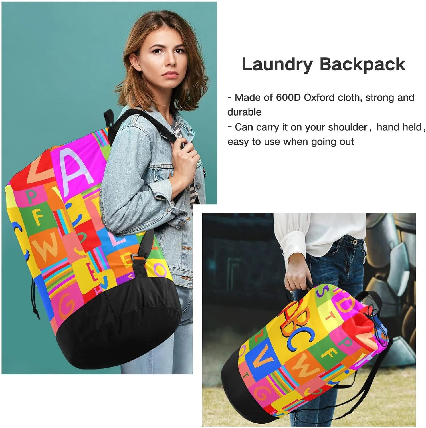 Oyihfvs Colorful Rainbow Letters Backpack Laundry Bag, Laundry Backpack with Shoulder Straps, Waterproof Nylon Clothes Hamper Bag for Men Women Yoga Backpack