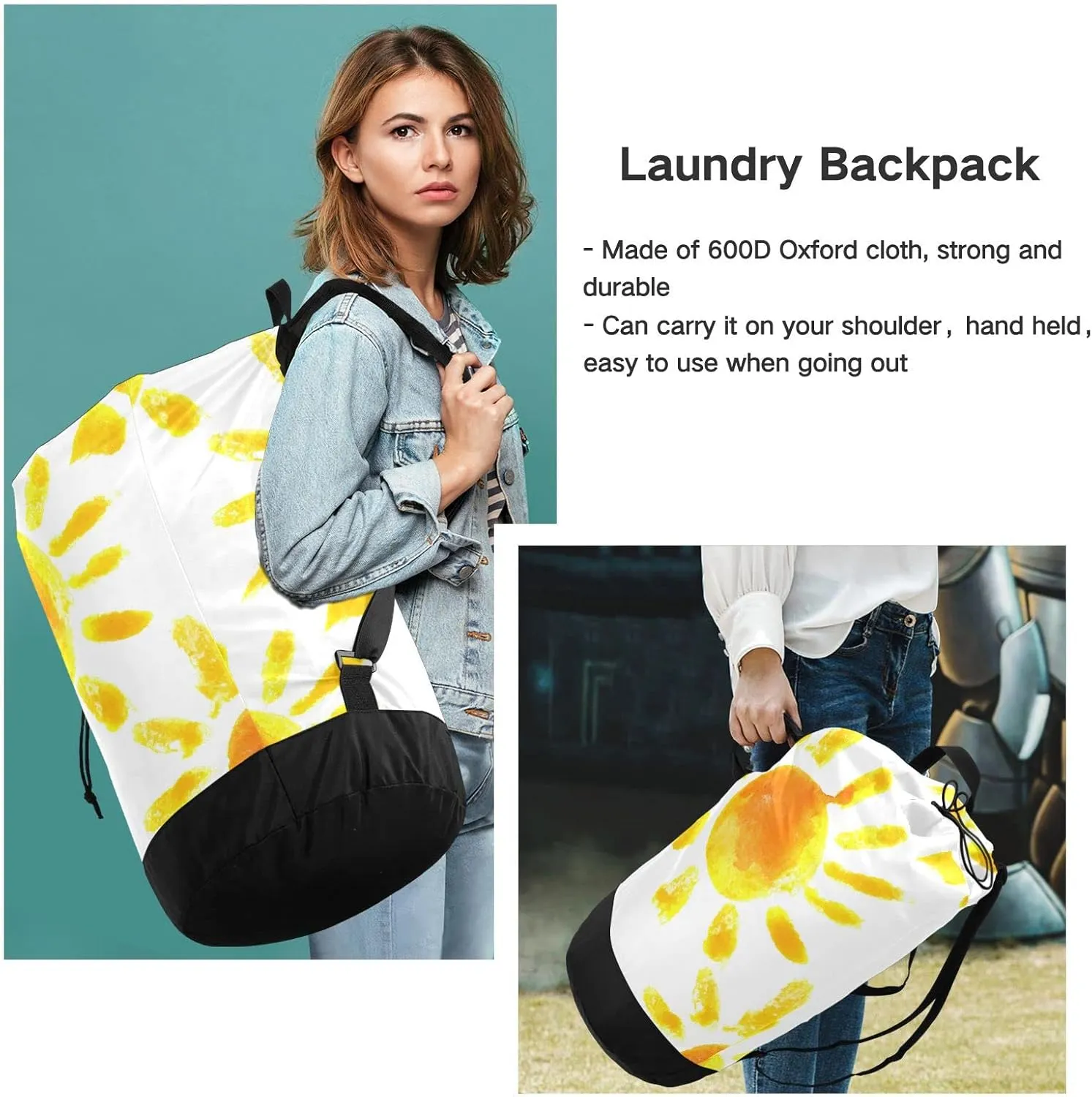 Oyihfvs Hand Drawn Watercolor Sun Backpack Laundry Bag, Laundry Backpack with Shoulder Straps, Waterproof Nylon Clothes Hamper Bag for Men Women Yoga Backpack