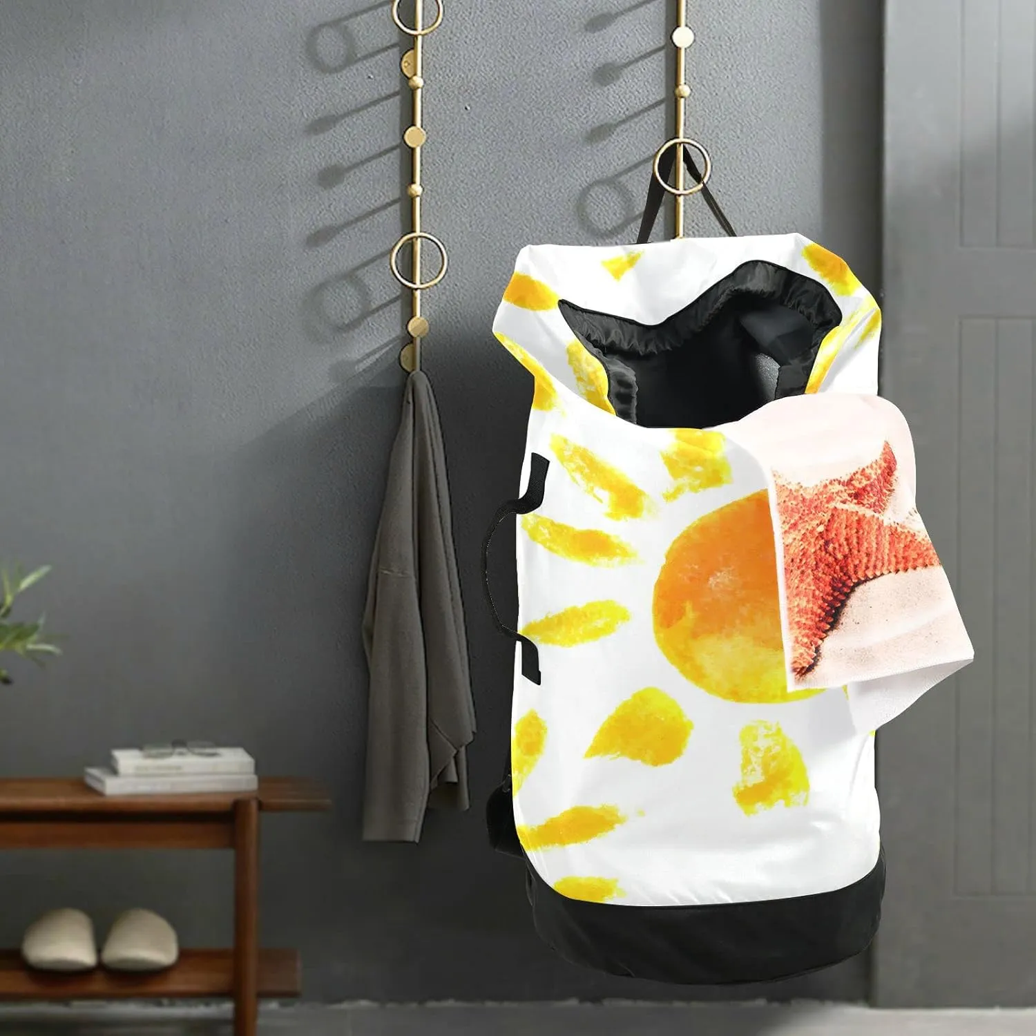 Oyihfvs Hand Drawn Watercolor Sun Backpack Laundry Bag, Laundry Backpack with Shoulder Straps, Waterproof Nylon Clothes Hamper Bag for Men Women Yoga Backpack