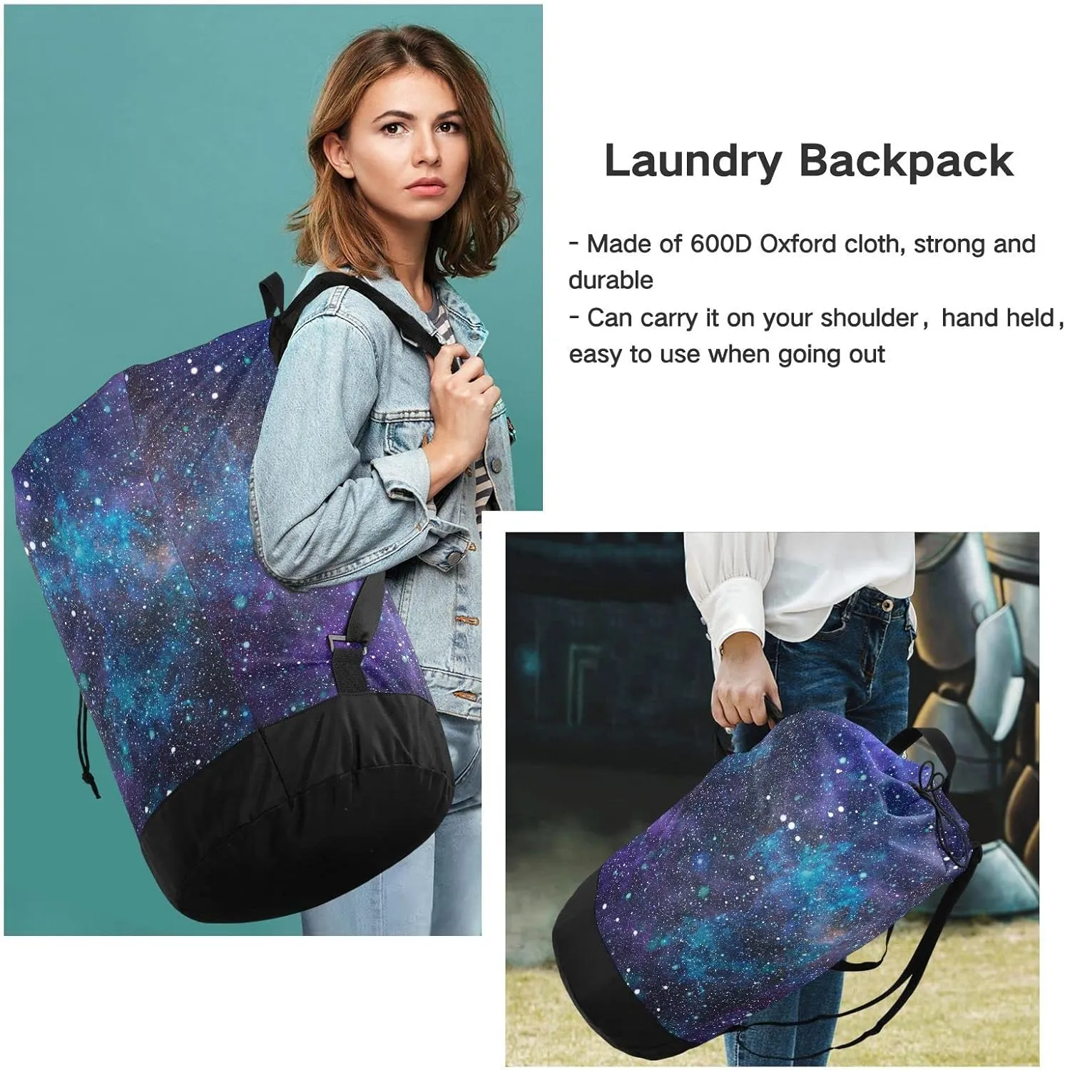 Oyihfvs Purple Blue Galaxy Space with Glitter Stars Outer Space Galaxies Backpack Laundry Bag, Laundry Backpack with Shoulder Straps, Waterproof Nylon Clothes Hamper Bag for Men Women Yoga Backpack