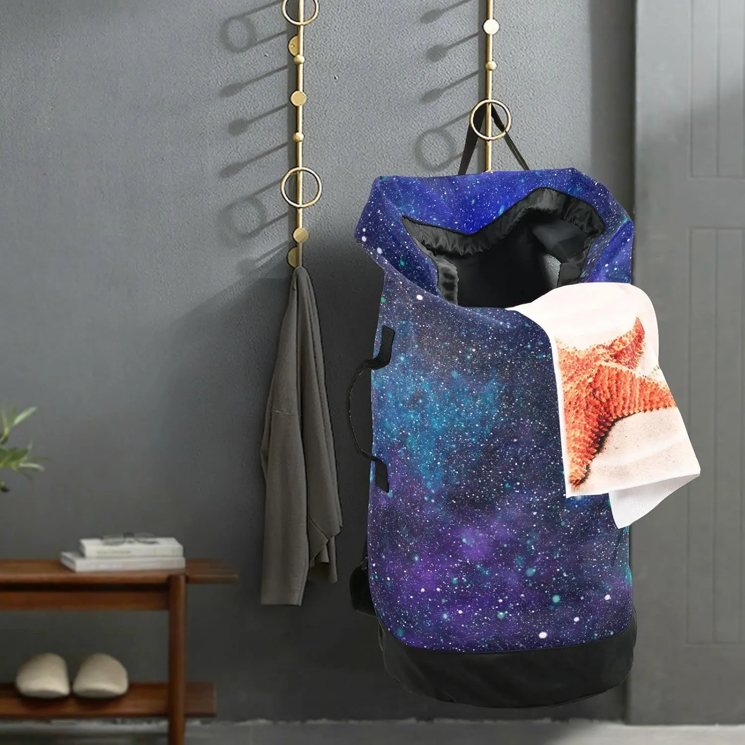 Oyihfvs Purple Blue Galaxy Space with Glitter Stars Outer Space Galaxies Backpack Laundry Bag, Laundry Backpack with Shoulder Straps, Waterproof Nylon Clothes Hamper Bag for Men Women Yoga Backpack