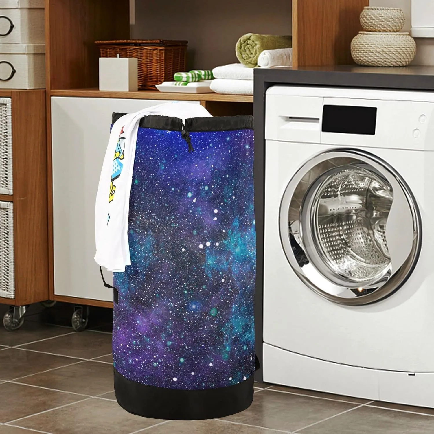 Oyihfvs Purple Blue Galaxy Space with Glitter Stars Outer Space Galaxies Backpack Laundry Bag, Laundry Backpack with Shoulder Straps, Waterproof Nylon Clothes Hamper Bag for Men Women Yoga Backpack