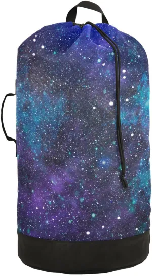Oyihfvs Purple Blue Galaxy Space with Glitter Stars Outer Space Galaxies Backpack Laundry Bag, Laundry Backpack with Shoulder Straps, Waterproof Nylon Clothes Hamper Bag for Men Women Yoga Backpack