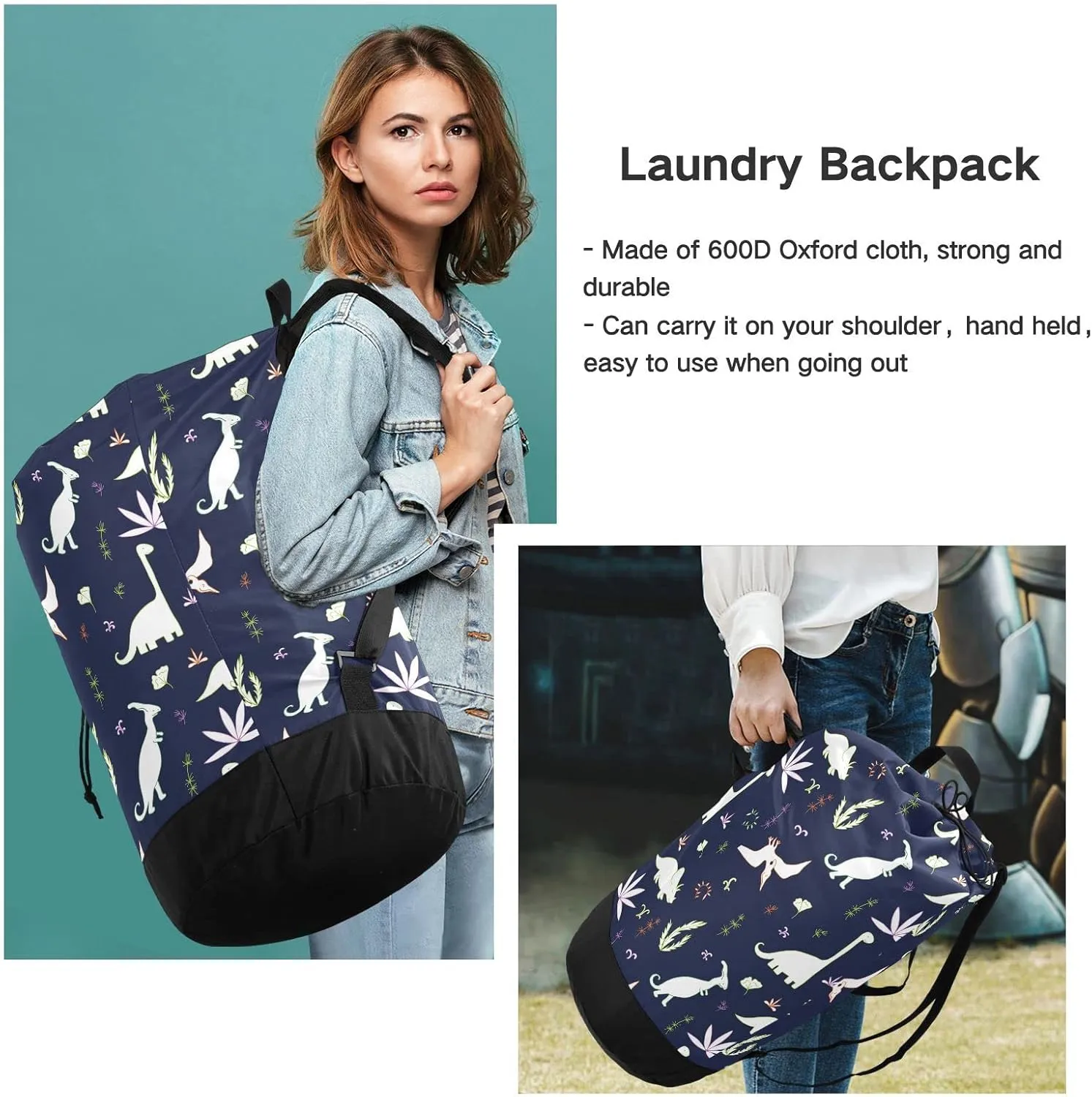 Oyihfvs Seamless White Fern Leaves, Bushes and Dinosaurs on Dark Backpack Laundry Bag, Laundry Backpack with Shoulder Straps, Waterproof Nylon Clothes Hamper Bag for Men Women Yoga Backpack
